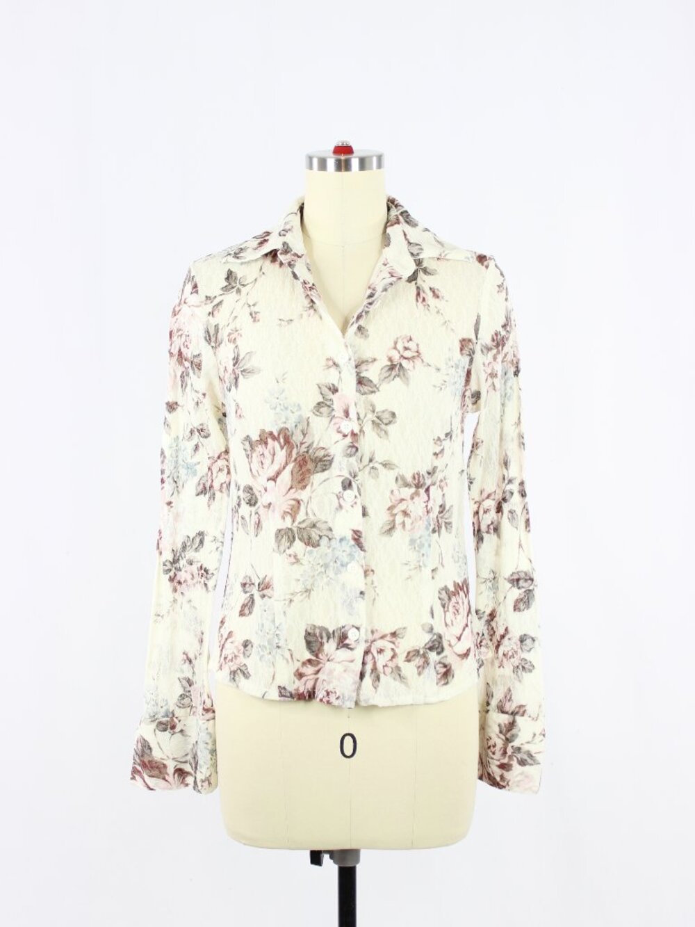 Vintage 00's Y2K CURRENT Ivory Floral Stretch Lace Bell Sleeve Blouse, Size S